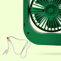 Rechargeable fan showcasing its power input for easy charging.