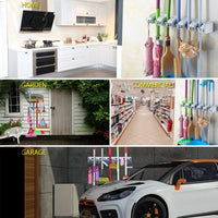 Installation view of the space-saving wall mounted mop and broom storage system.