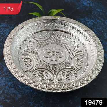 Elegant silver tone plastic pooja thali ideal for traditional rituals and aarti