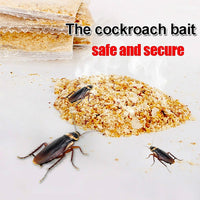 Three brown cockroaches are near a pile of light brown bait powder, with two packets of bait visible in the background.