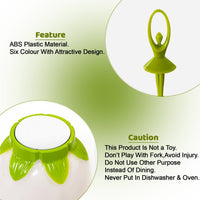 Side view of the colourful fruit fork set with its unique dancing doll holder.