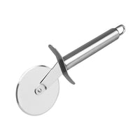 Stainless steel pizza cutter shown in use, slicing a fresh pizza.