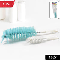 Versatile bottle cleaning brush in use for various kitchen bottles and containers.