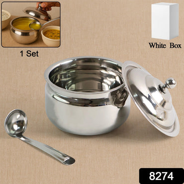 Side view of the mirror-finish Stainless Steel Ghee Pot with serving spoon.