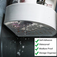 Self adhesive corner shelf holding various bathroom products.