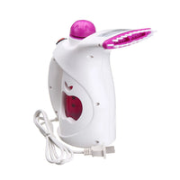 Versatile fabric steam tool showing its dual function for clothes and beauty.