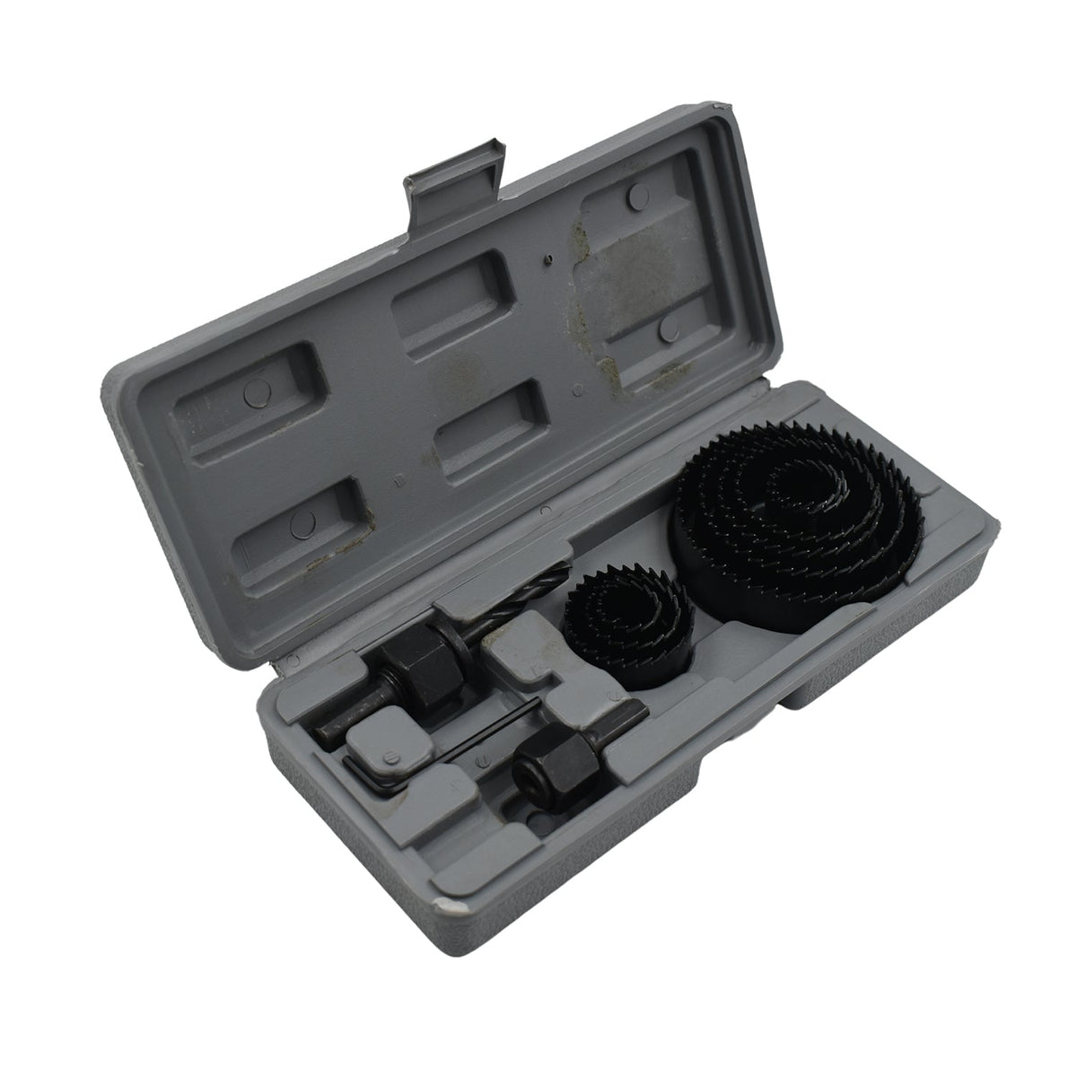 Detailed view of the 12-piece hole saw kit, ready for versatile drilling tasks.