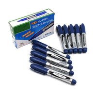 Multiple blue permanent markers, ready for effective whiteboard presentations.