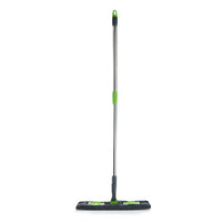 Ergonomic view of the flat mop with microfiber pad, suitable for various hard floor surfaces.