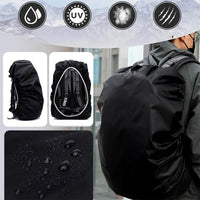 A person wears a black rain cover on a backpack, with insets showing the cover from the side, the back, and water droplets