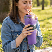 Front view of sleek matte finish stainless steel insulated travel mug