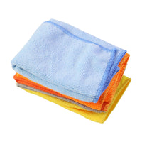 Color-coded microfiber towels arranged for different cleaning tasks