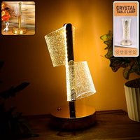 Crystal LED Double Shade Table Lamp with golden base shining brightly