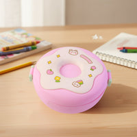 Side view of a colorful Donut Lunch Box, highlighting its depth.