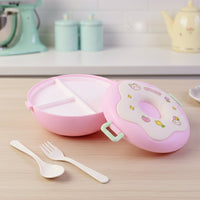 Donut Lunch Box with its lid open, revealing three distinct food compartments.