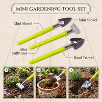 Detailed view of the ergonomic handles and steel heads of the gardening hand tools.