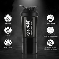 Angled view of gym protein shaker bottle with secure lid