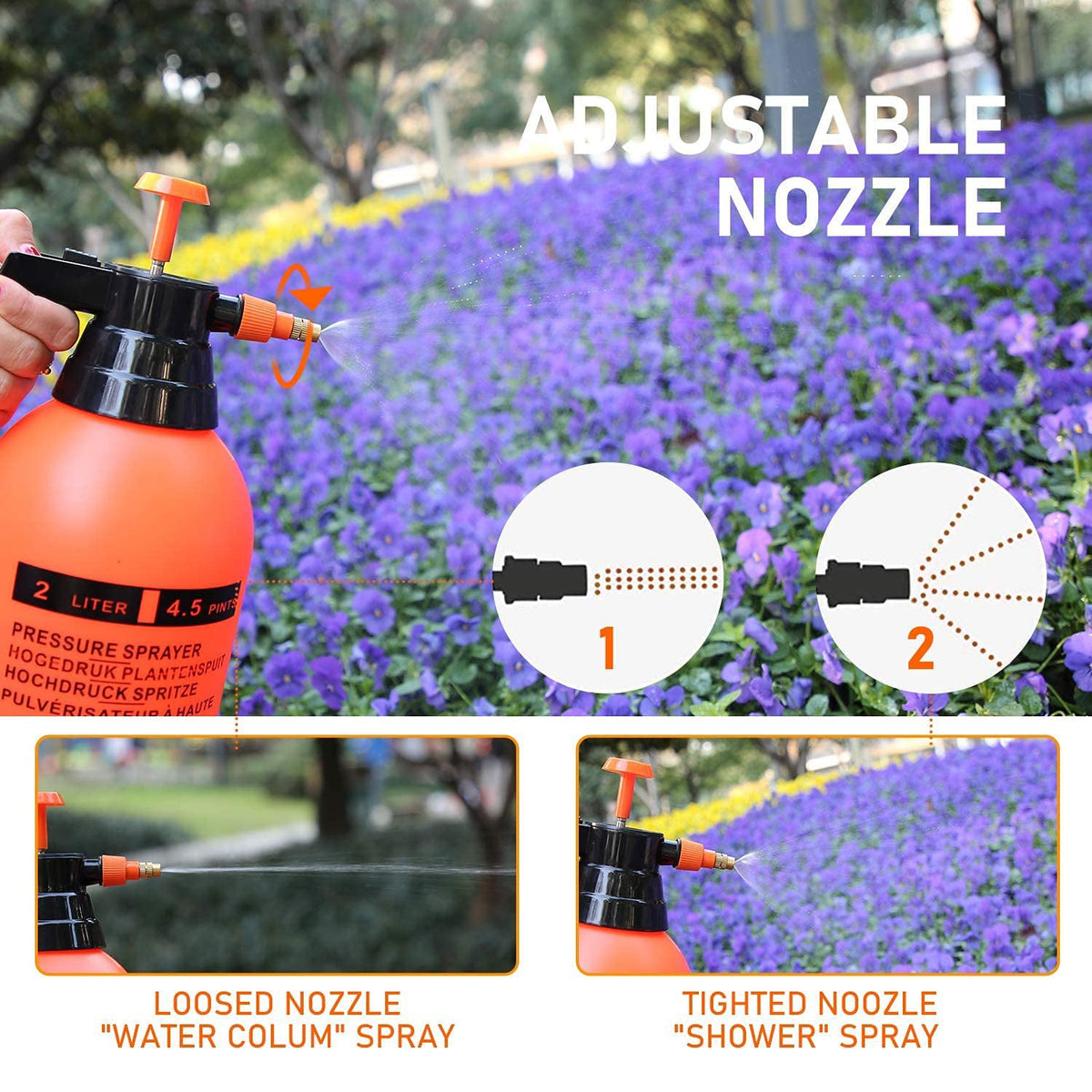 Overview of the XcelCraft 2L garden pressure sprayer from the front.