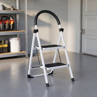 Space saving foldable step ladder for reaching high shelves