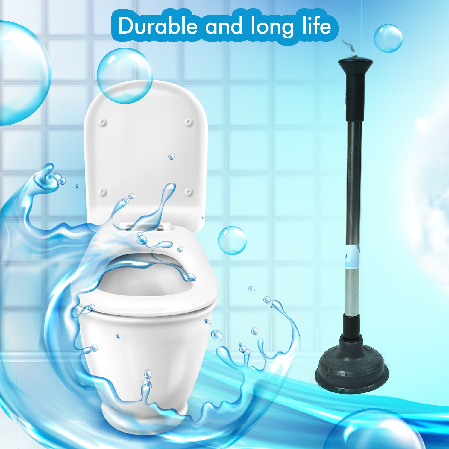 Heavy duty rubber drain unblocker pump, full front view with ergonomic handle.