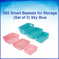 Organized kitchen shelf featuring the sky blue storage baskets.