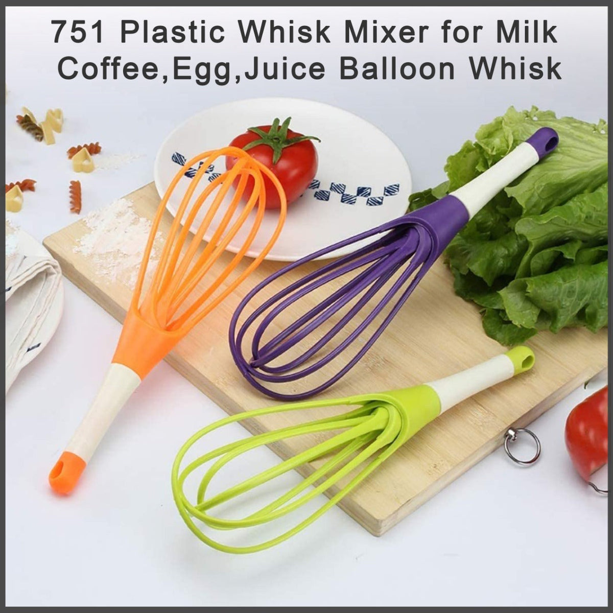Durable plastic balloon whisk perfectly suitable for egg and juice mixing.