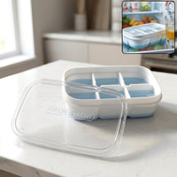 Mini plastic ice cube tray with six cavities and a clear lid for easy freezing.