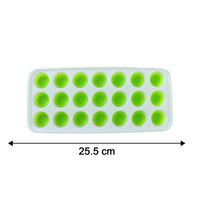 Measurement graphic showing the dimensions of the plastic 21-grid ice cube tray.