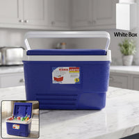 Close-up of blue 6 litre insulated ice cooler with lid