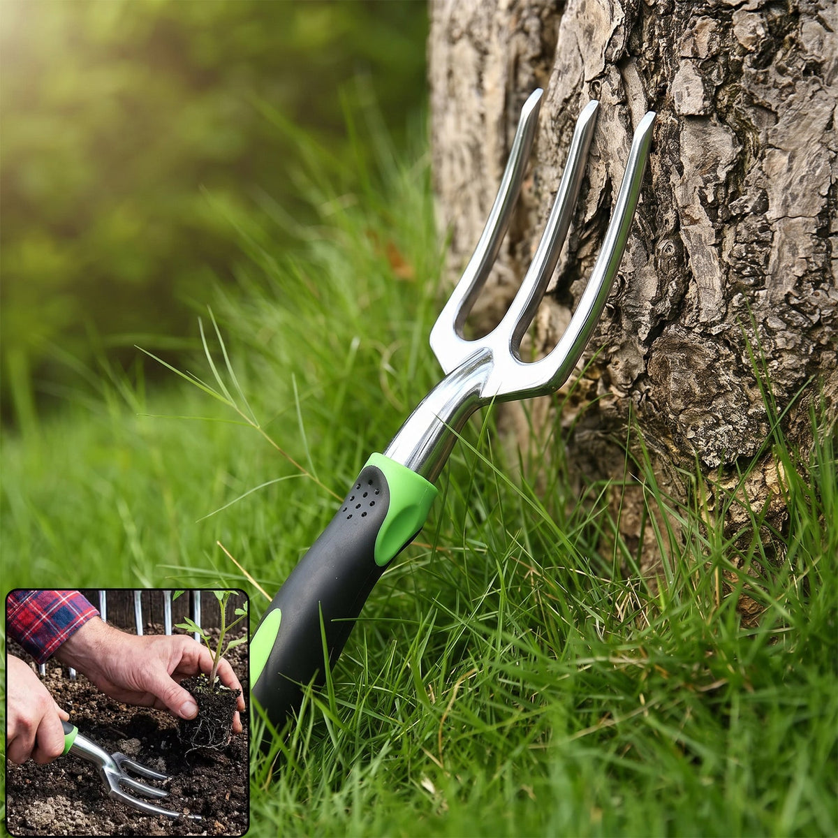 Garden hand fork, 3 tine stainless steel digging tool with ergonomic handle (1 pc)