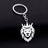 Durable stainless steel lion head keychain with crown design on a white background