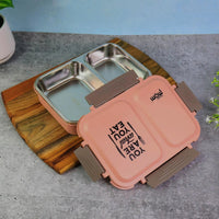 Stainless steel lunch box fitting neatly inside a backpack for easy transport