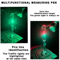 Close-up image of LED lights on digital voltage tester pen during electrical testing