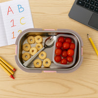Portable kids lunch box with a vibrant cartoon design, perfect for school.