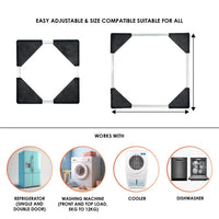 Adjustable frame appliance stand set up indoors under refrigerator base