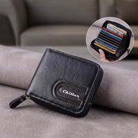 Side perspective of compact zip-around cardholder wallet