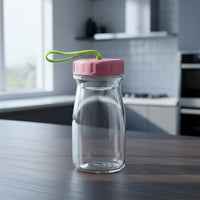 Glass bottle with vibrant silicone lid and convenient carrying handle
