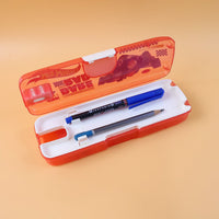 Open cartoon pencil box with the integrated LED light brightly illuminated.