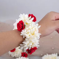 Traditional artificial flower gajra featuring jasmine and red rose floral design