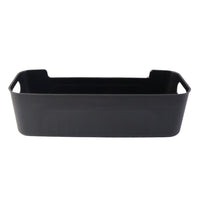 Collection of stackable black plastic storage trays for organizing items