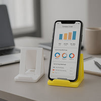 Portable foldable phone stand on table for hands-free mobile use