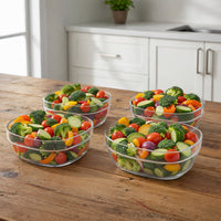 Neatly stacked transparent serving bowls for compact storage