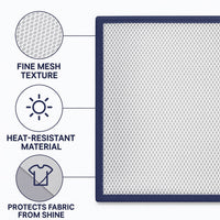 Ironing mesh press cloth protecting dark shirt fabric from iron shine