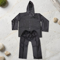 Lightweight and reusable rain jacket and pant set for outdoor activities.