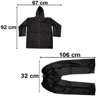 Two piece hooded waterproof raincoat set suitable for various outdoor uses.