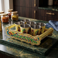 Peacock Minakari serving tray with 6 stainless steel glasses