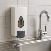Two wall mounted soap dispensers in a white bathroom, highlighting design.