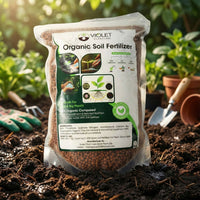 Organic fertilizer granules mixed in soil for plants