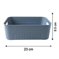 Dimensions of the multipurpose plastic storage baskets shown for sizing.