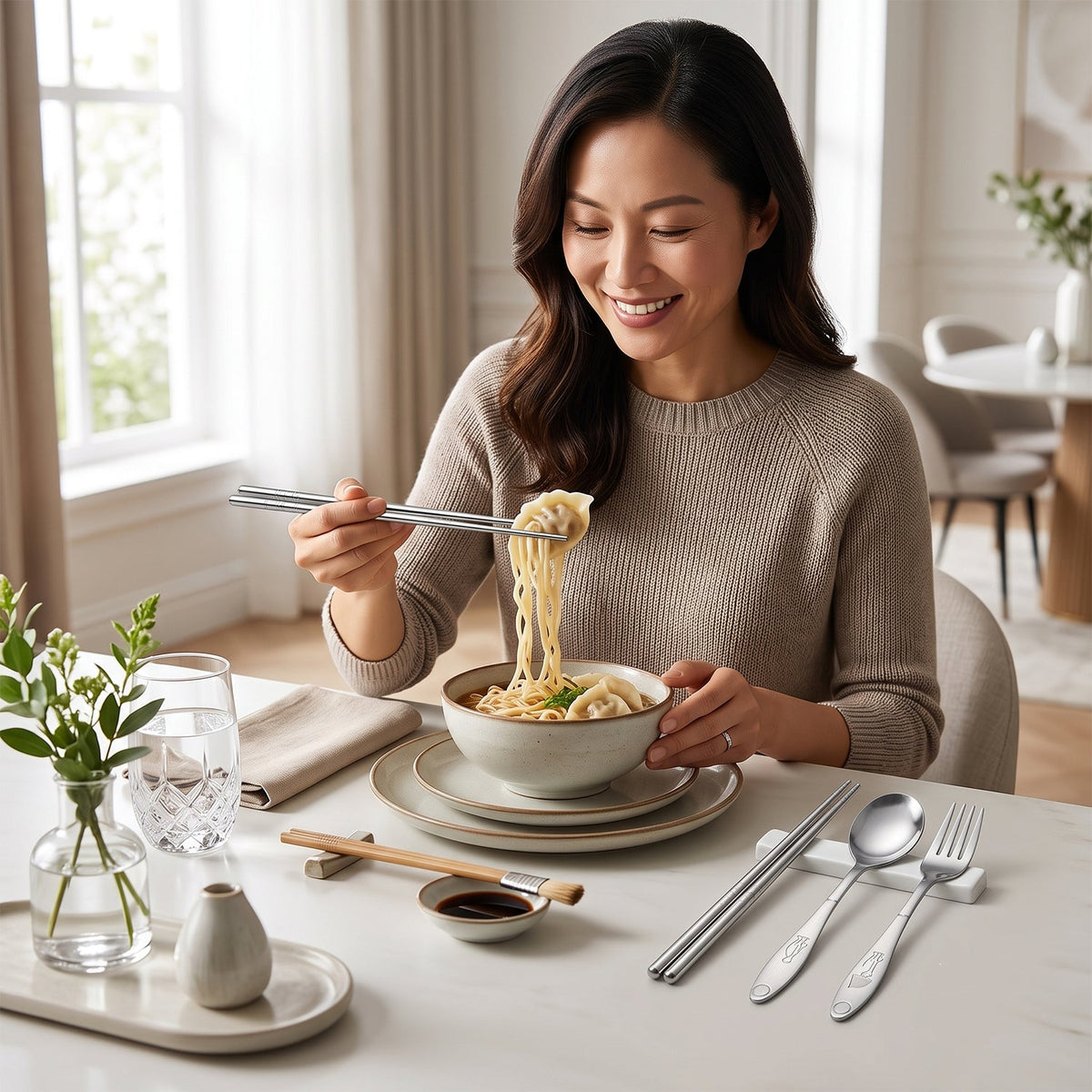 Portable flatware set with pouch for lunch, picnics and travel